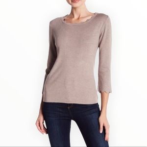 PHILOSOPHY Beige Tan Scalloped Edge Lightweight Elbow Length Sleeve Sweater